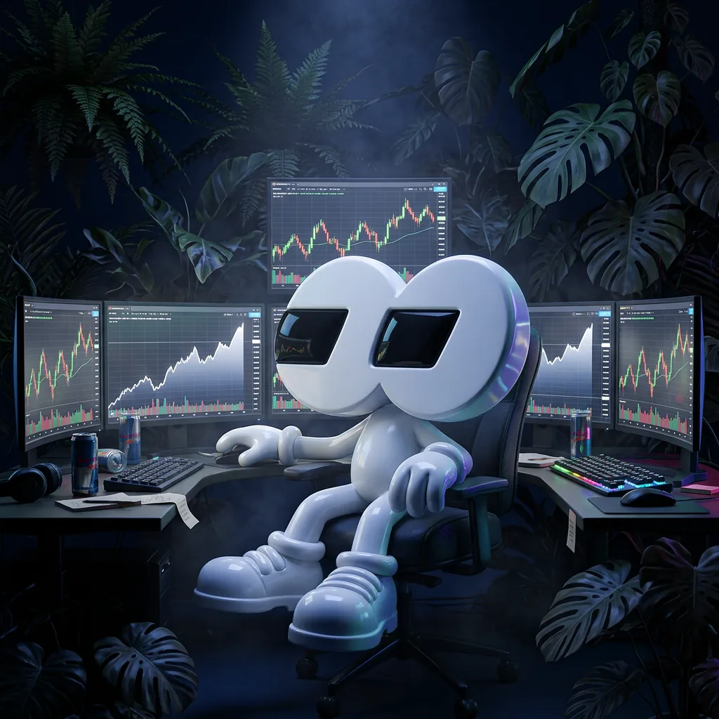 Remus trading at a desk covered in glowing charts